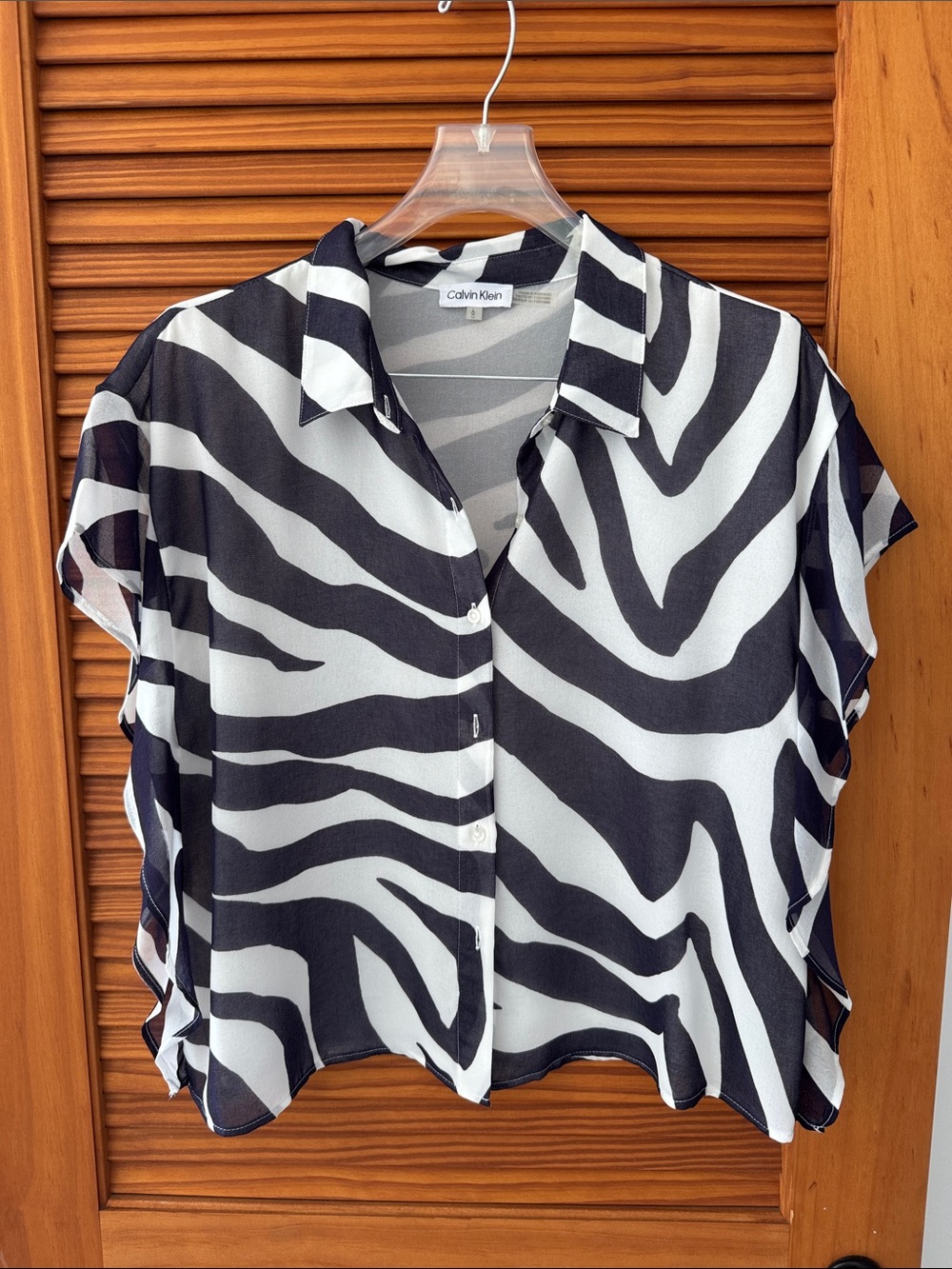CALVIN KLEIN Black & White Zebra Print Button-Front Women's Top